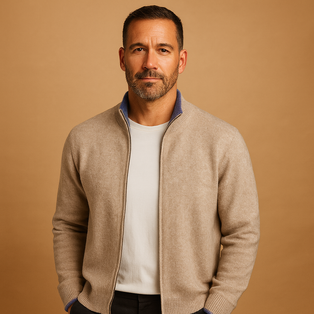 Men's Full-Zip Knitted Cardigan – Stand-Collar Regular-Fit Layer for Smart Casual Office Weekend and Everyday Autumn Winter Wear