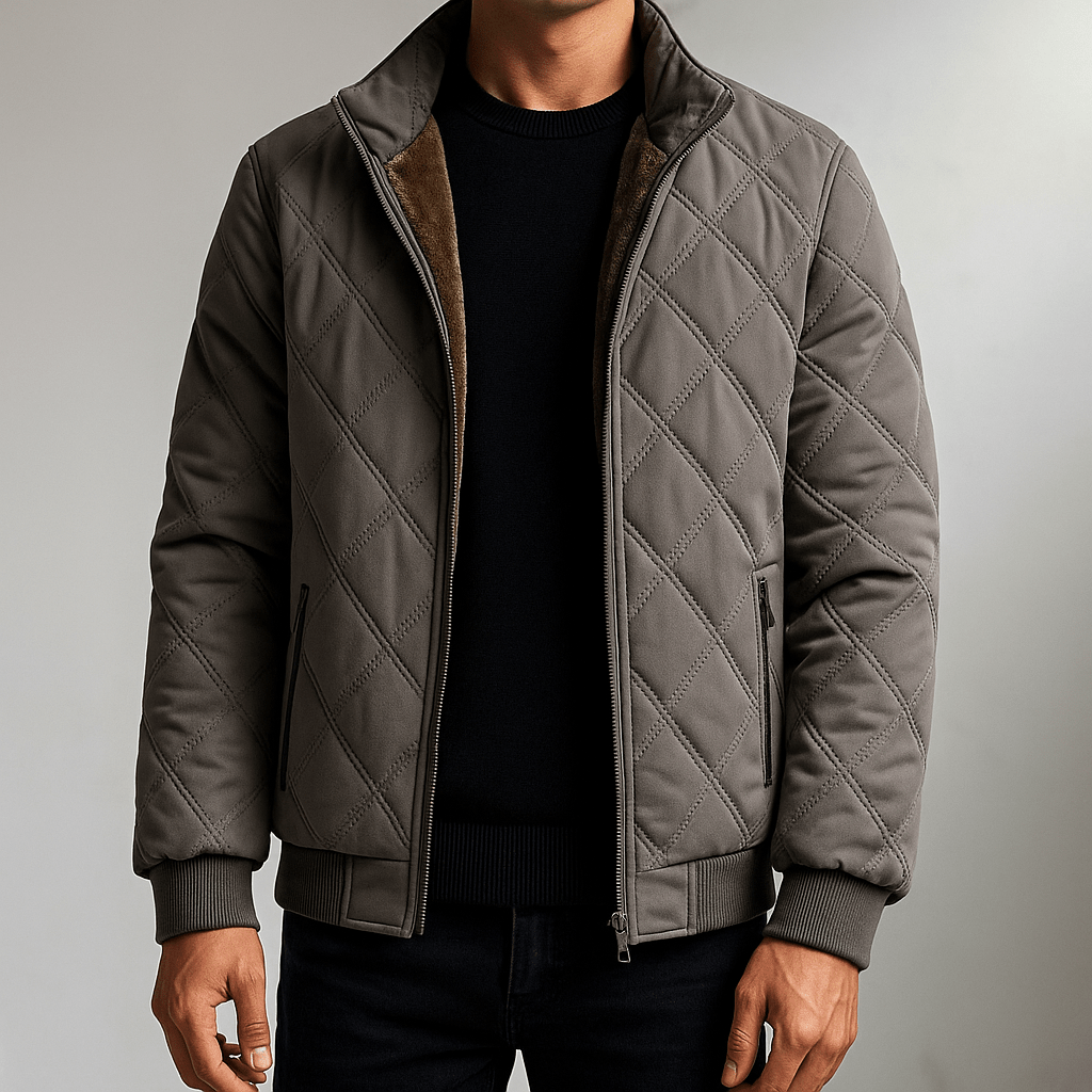 Men's Diamond-Quilted Winter Jacket – Fleece-Lined Zip-Up Coat