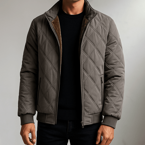 Men's Diamond-Quilted Winter Jacket – Fleece-Lined Zip-Up Coat