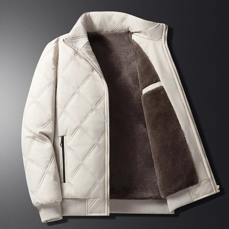 Men's Diamond-Quilted Winter Jacket – Fleece-Lined Zip-Up Coat