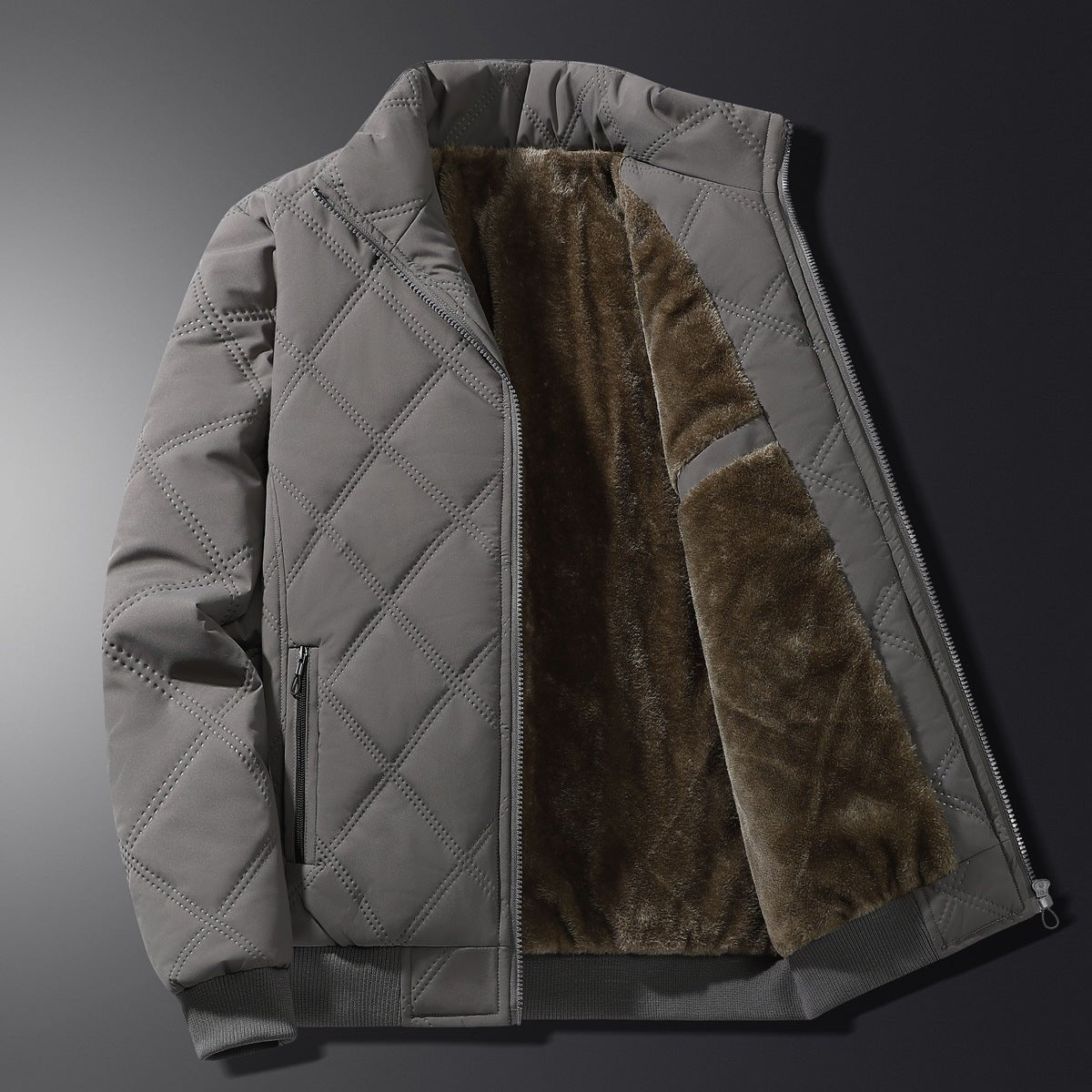 Men's Diamond-Quilted Winter Jacket – Fleece-Lined Zip-Up Coat